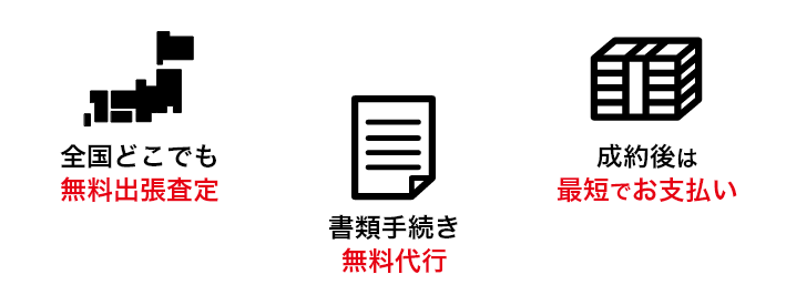 全国どこでも無料出張査定　書類手続き無料代行　成約後最短即日現金化